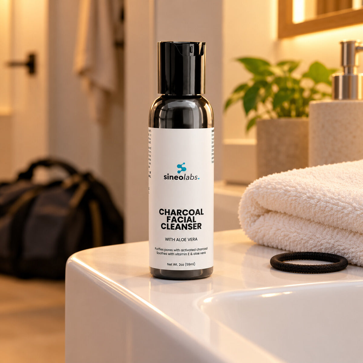 Charcoal Facial Cleanser with Tea Tree Oil & Aloe on the edge of a clean white bathroom sink in warm evening light