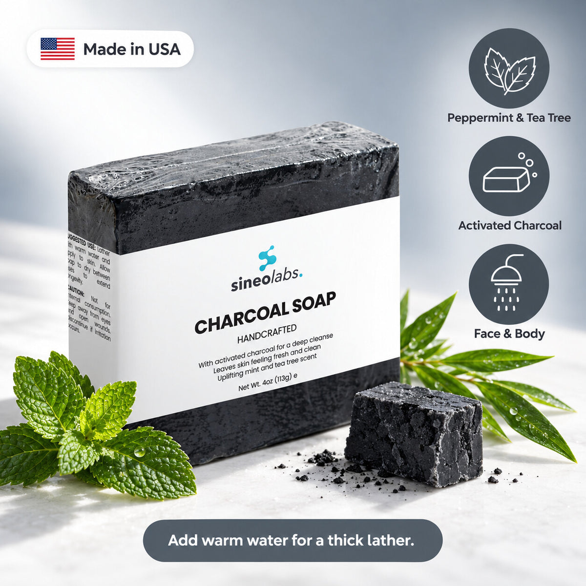 Charcoal Soap Bar with Tea Tree & Peppermint: Peppermint & Tea Tree, Activated Charcoal, Face & Body