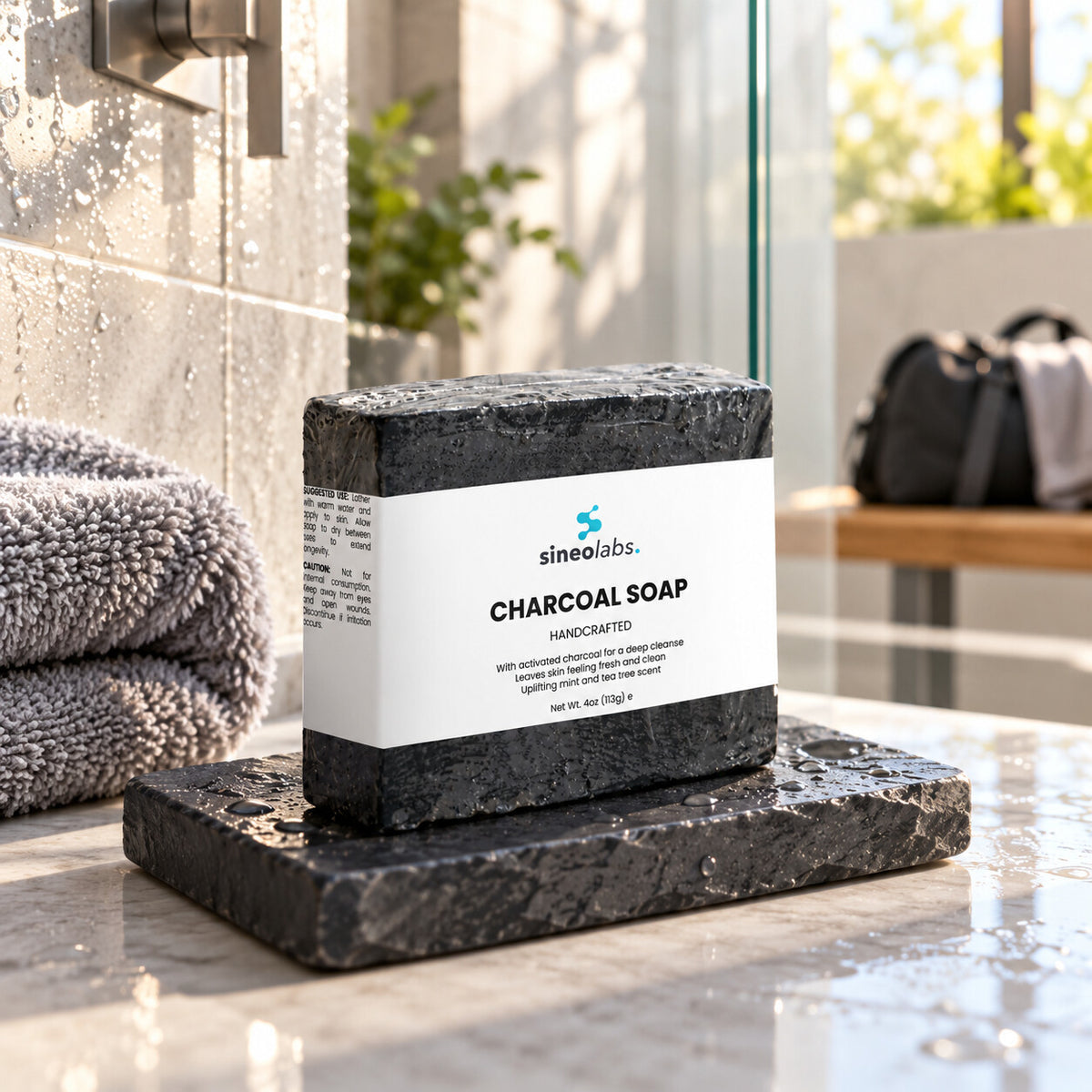 Charcoal Soap Bar with Tea Tree & Peppermint on a slate soap dish in a bright modern shower in morning light