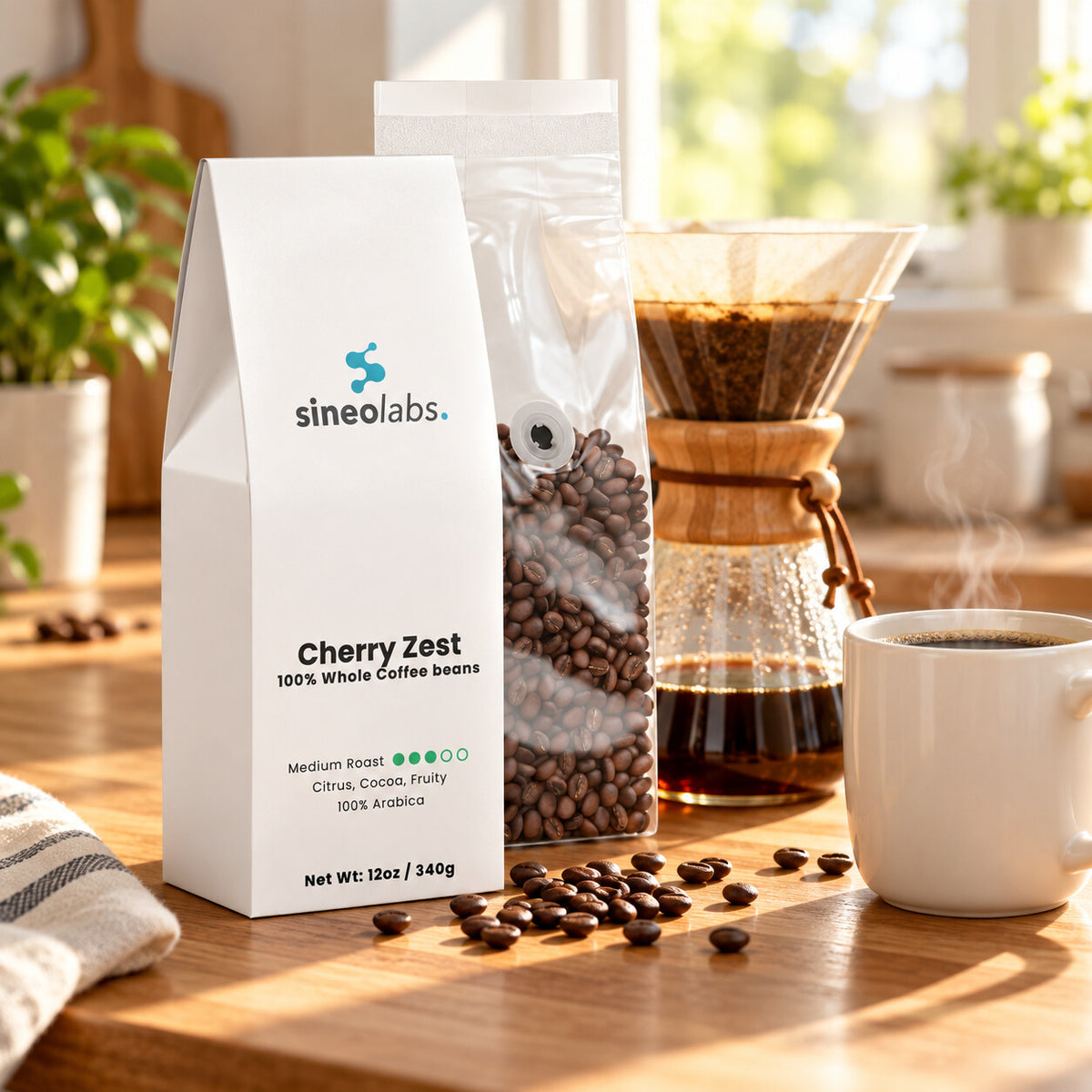 Cherry Zest Medium Roast Coffee, Whole Bean 12oz on a sunny kitchen counter beside a glass pour-over carafe of fresh coffee and a white mug with steam rising