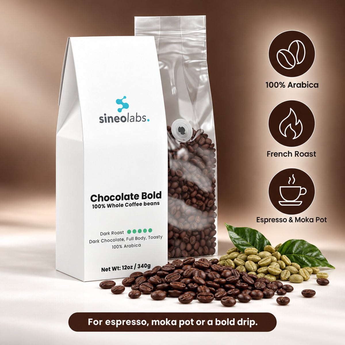 Chocolate Bold Dark Roast Coffee, Whole Bean 12oz: 100% Arabica, French Roast, Espresso & Moka Pot