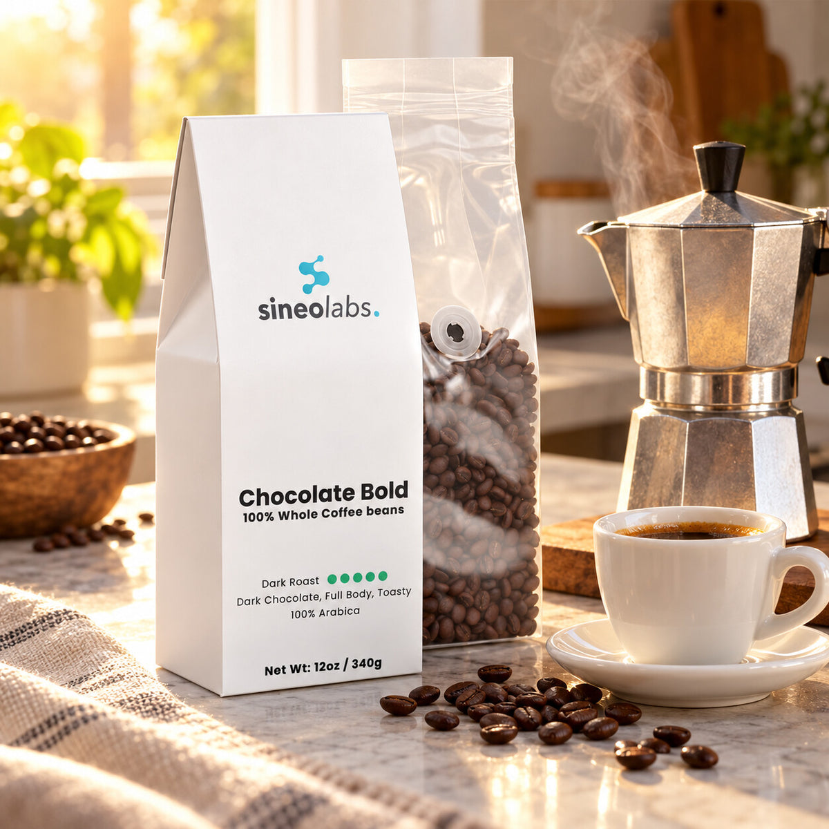 Chocolate Bold Dark Roast Coffee, Whole Bean 12oz on a kitchen counter beside a steaming moka pot and a small white cup of dark espresso