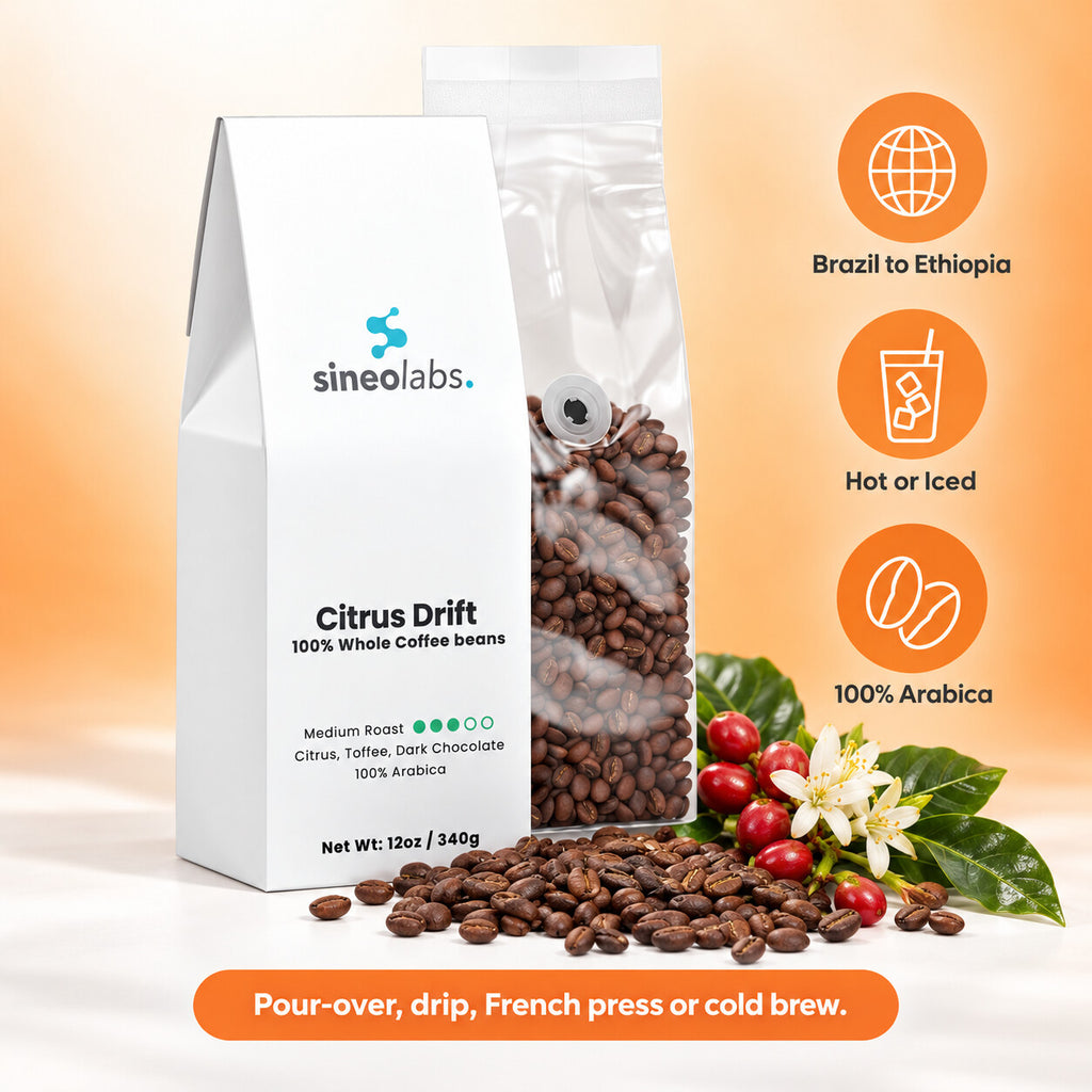 Citrus Drift Medium Roast Coffee, Whole Bean 12oz: Brazil to Ethiopia, Hot or Iced, 100% Arabica