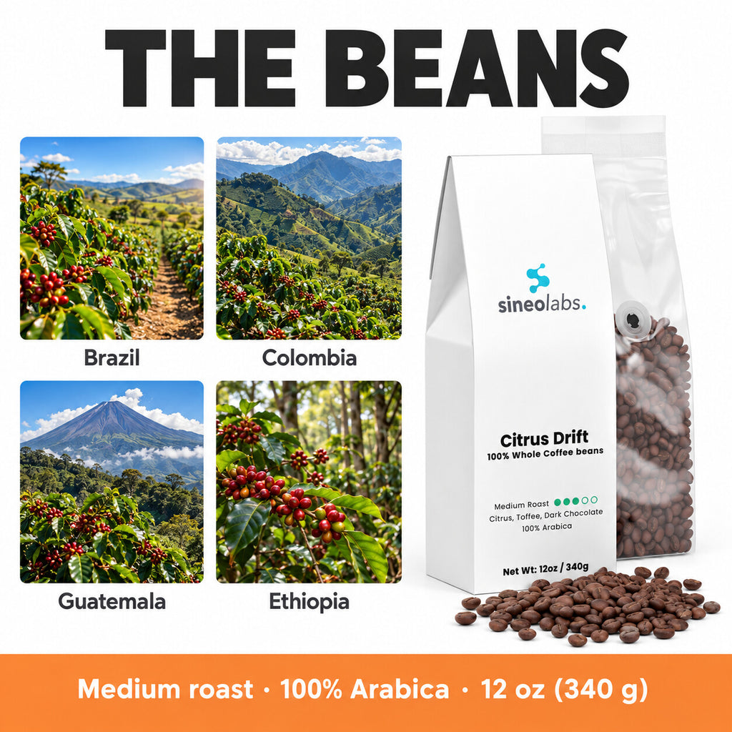 Citrus Drift Medium Roast Coffee, Whole Bean 12oz: Brazil, Colombia, Guatemala, Ethiopia
