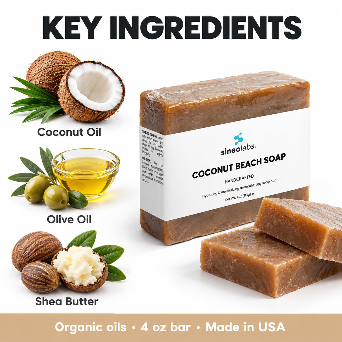 Coconut Beach Soap Bar with Shea Butter: Coconut Oil, Olive Oil, Shea Butter