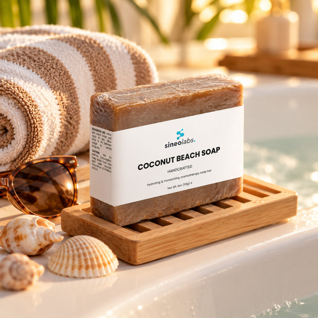 Coconut Beach Soap Bar with Shea Butter on a wooden soap dish on the edge of a white bathtub in warm golden light
