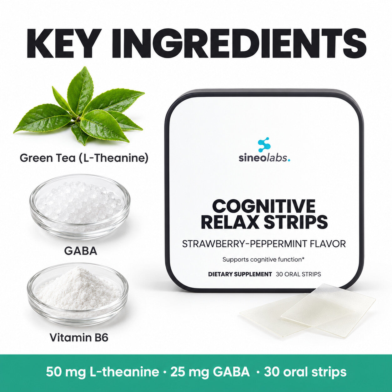 Cognitive Relax Oral Strips with L-Theanine & GABA: Green Tea (L-Theanine), GABA, Vitamin B6