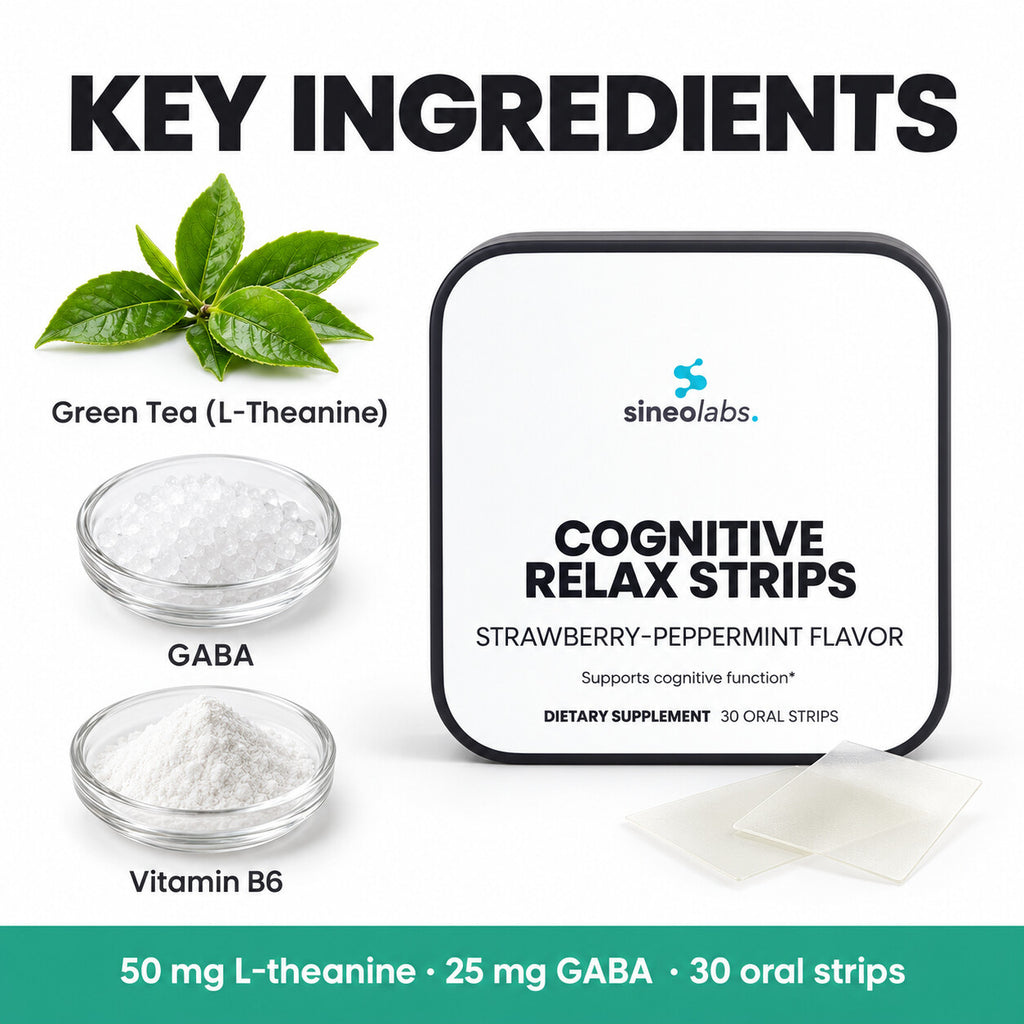 Cognitive Relax Oral Strips with L-Theanine & GABA: Green Tea (L-Theanine), GABA, Vitamin B6