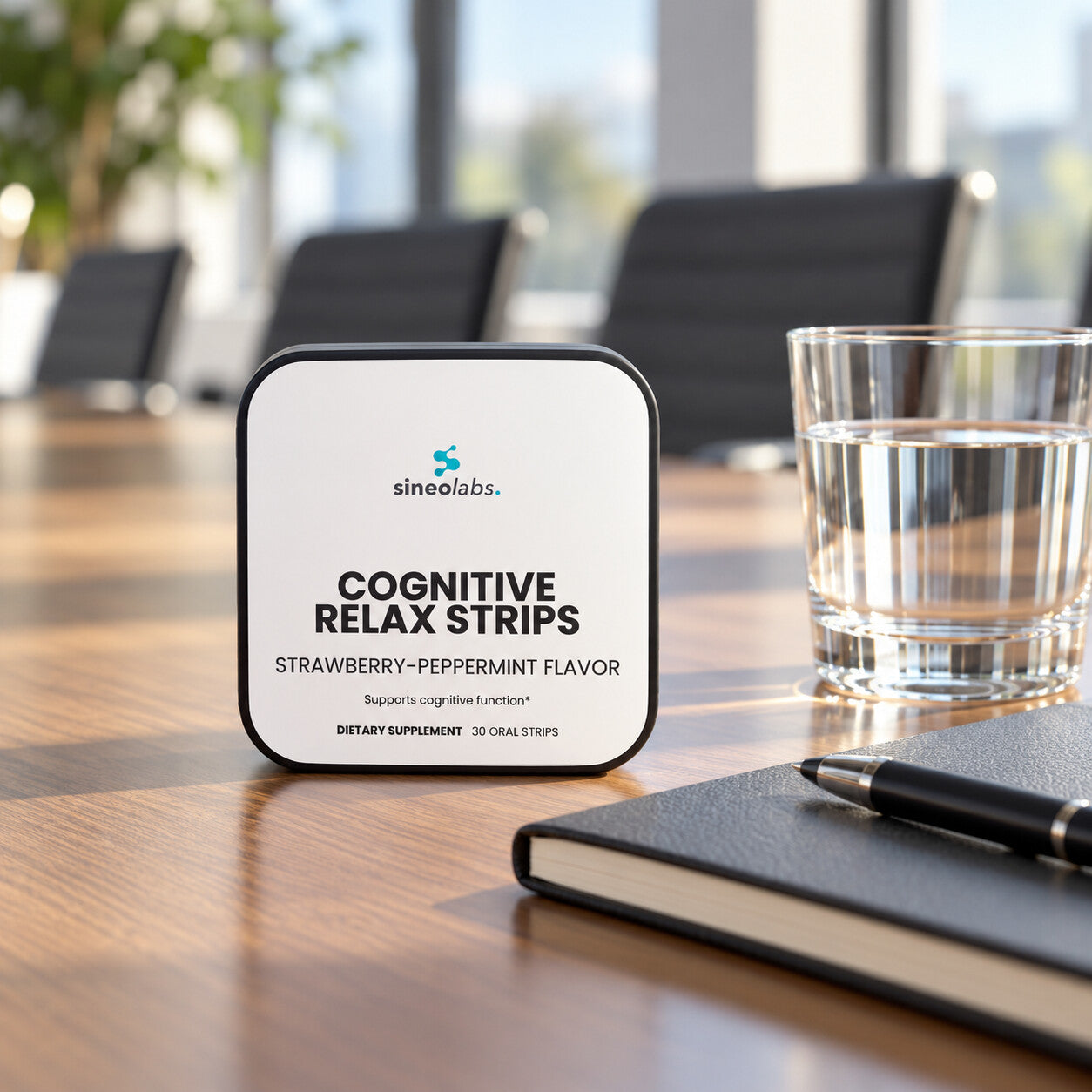 Cognitive Relax Oral Strips with L-Theanine & GABA on a conference table in soft daylight beside a closed notebook