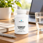 Cognitive Support with Alpha GPC & Bacopa on a tidy wooden desk in bright morning light beside a closed notebook