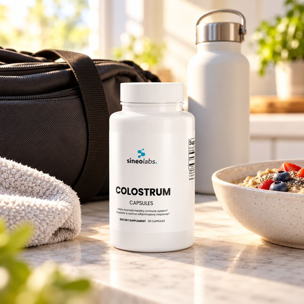 Bovine Colostrum Capsules 500mg, 25% IgG, 60 Count on a kitchen counter in early morning light beside a packed gym bag