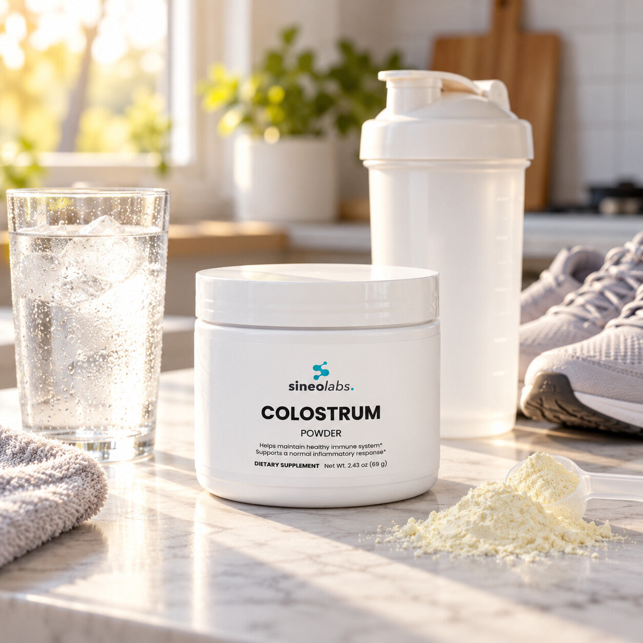 Bovine Colostrum Powder 2,300mg with 575mg IgG on a kitchen counter in early morning light
