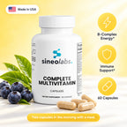Complete Multivitamin Capsules with Zinc & B12: B-Complex Energy, Immune Support, 60 Capsules
