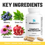 Complete Multivitamin Capsules with Zinc & B12: Bilberry, Green Tea, Echinacea, Pomegranate