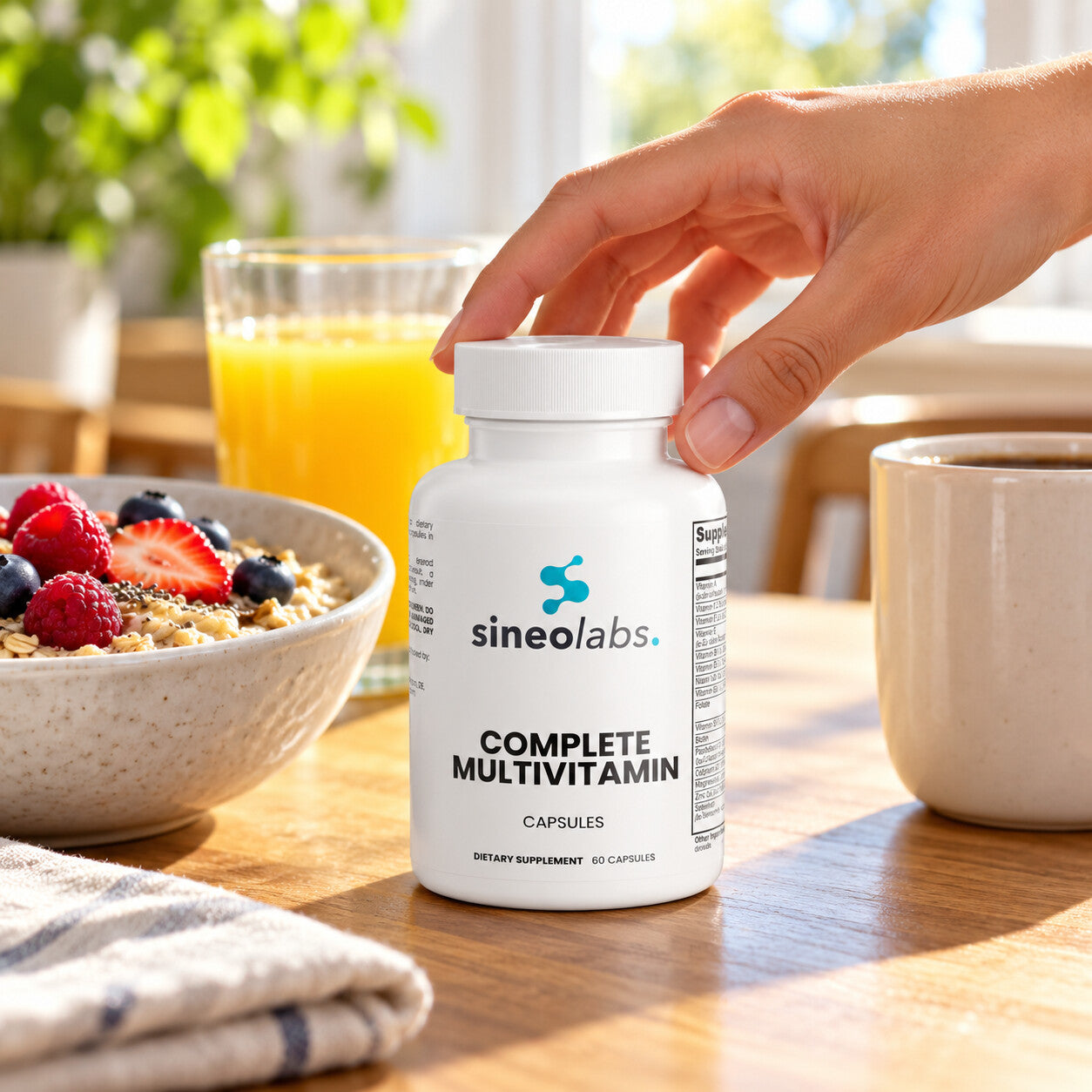 Complete Multivitamin Capsules with Zinc & B12 on a breakfast table in bright morning light beside a bowl of oatmeal with berries