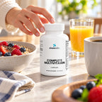 Complete Multivitamin Capsules with Zinc & B12 on a breakfast table in bright morning light beside a bowl of oatmeal with berries