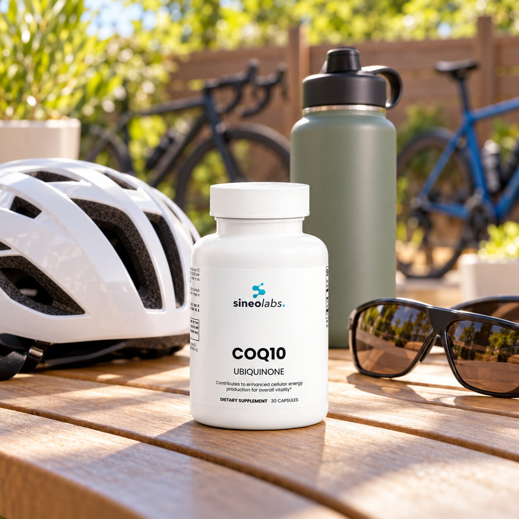 CoQ10 Ubiquinone 200mg Capsules on a sunny patio table beside a bike helmet
