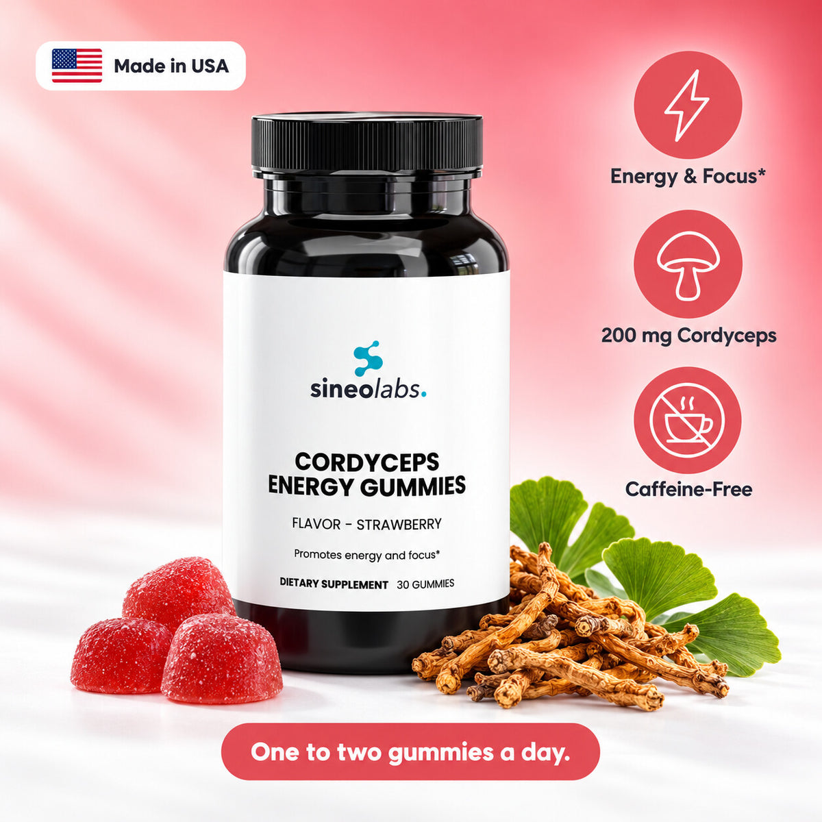 Cordyceps Energy Gummies 200mg, Strawberry: Energy & Focus, 200 mg Cordyceps, Caffeine-Free