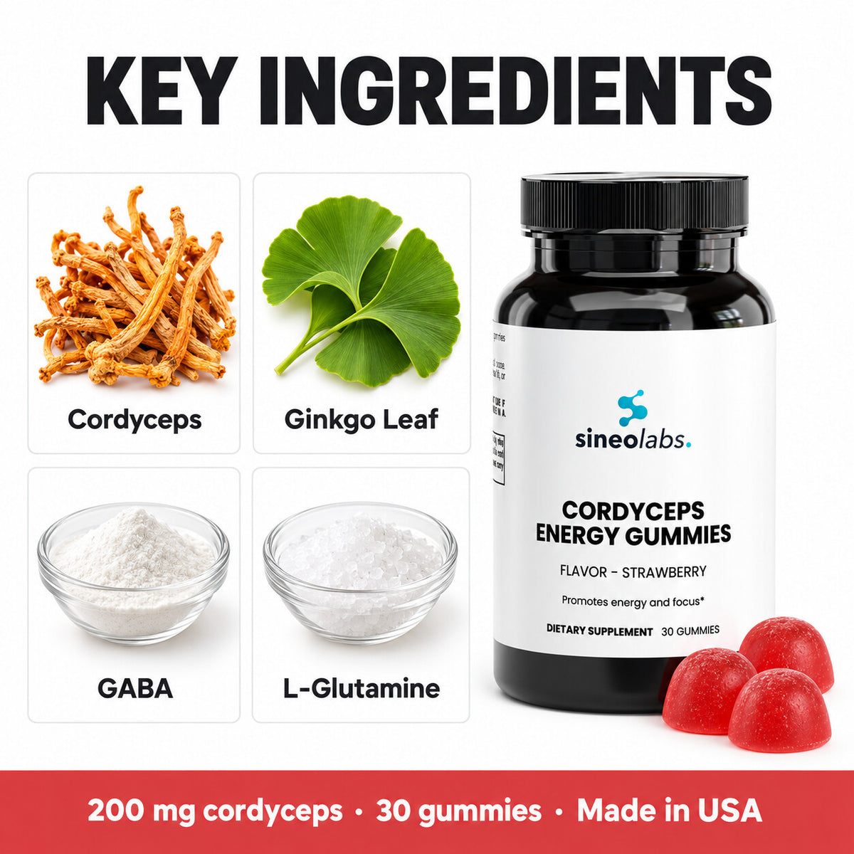 Cordyceps Energy Gummies 200mg, Strawberry: Cordyceps, Ginkgo Leaf, GABA, L-Glutamine