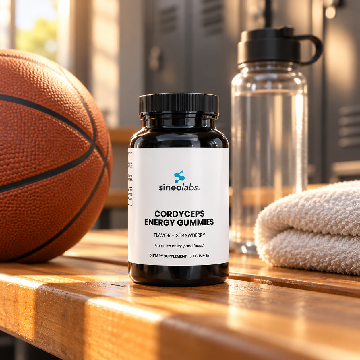Cordyceps Energy Gummies 200mg, Strawberry on a wooden locker-room bench in warm afternoon light