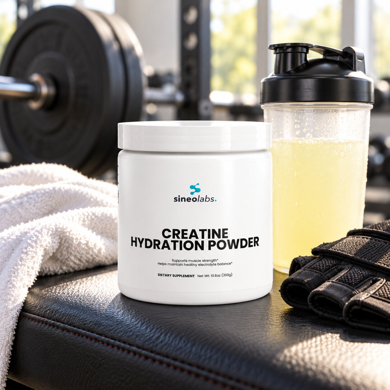 Creatine Hydration Powder 5,000mg, Lemon on a gym bench in bright morning light beside a shaker of pale lemon drink