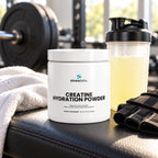 Creatine Hydration Powder 5,000mg, Lemon on a gym bench in bright morning light beside a shaker of pale lemon drink