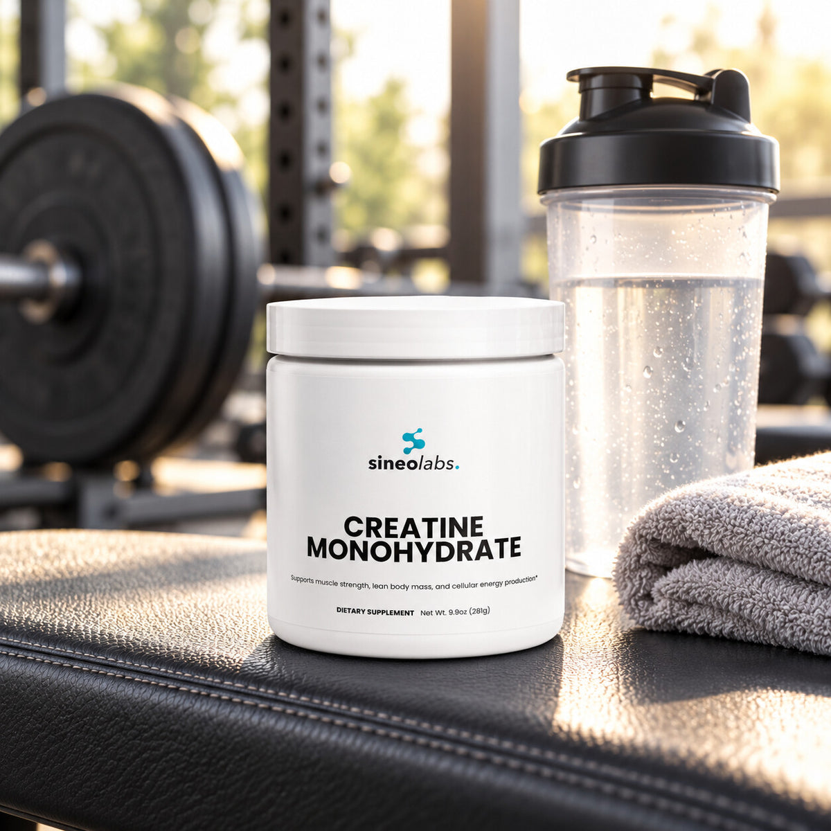 Creatine Monohydrate Powder 5,000mg, Unflavored on a gym bench in soft morning light