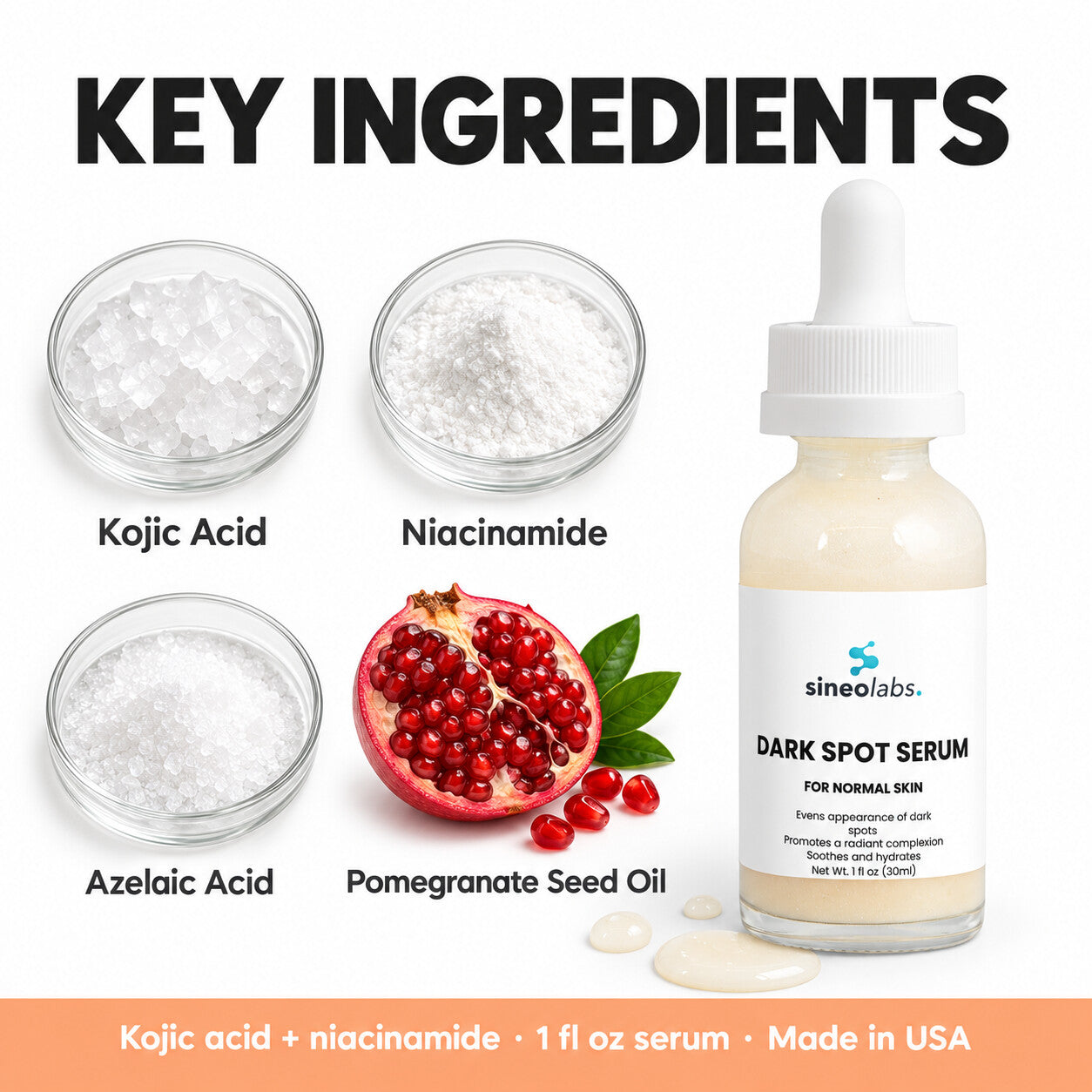 Dark Spot Serum with Kojic Acid, Normal Skin: Kojic Acid, Niacinamide, Azelaic Acid, Pomegranate Seed Oil