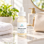 Dark Spot Serum with Kojic Acid, Normal Skin on a bright bathroom counter in clear morning daylight beside a small green plant and a folded white towel