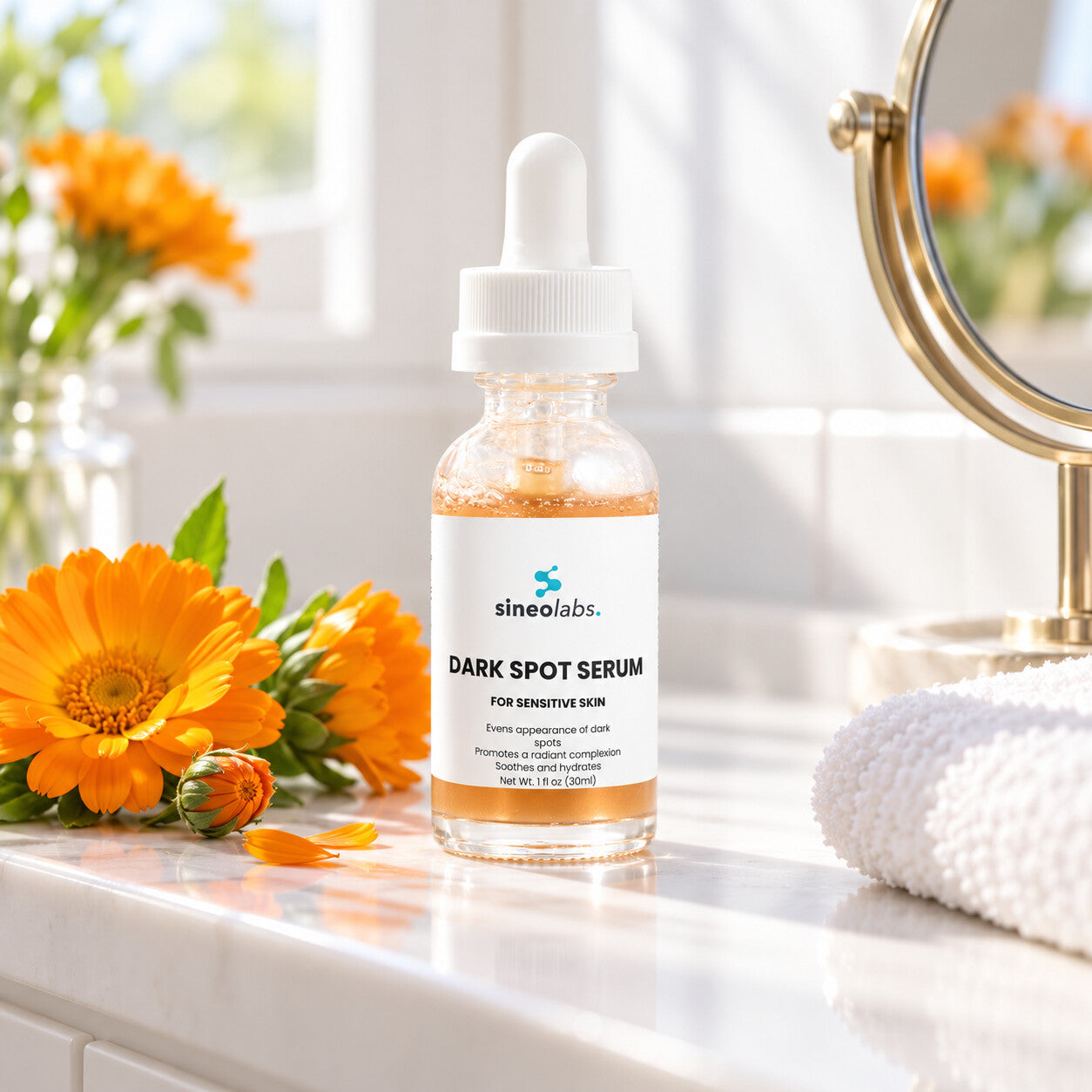 Dark Spot Serum for Sensitive Skin on a white bathroom shelf in soft morning window light