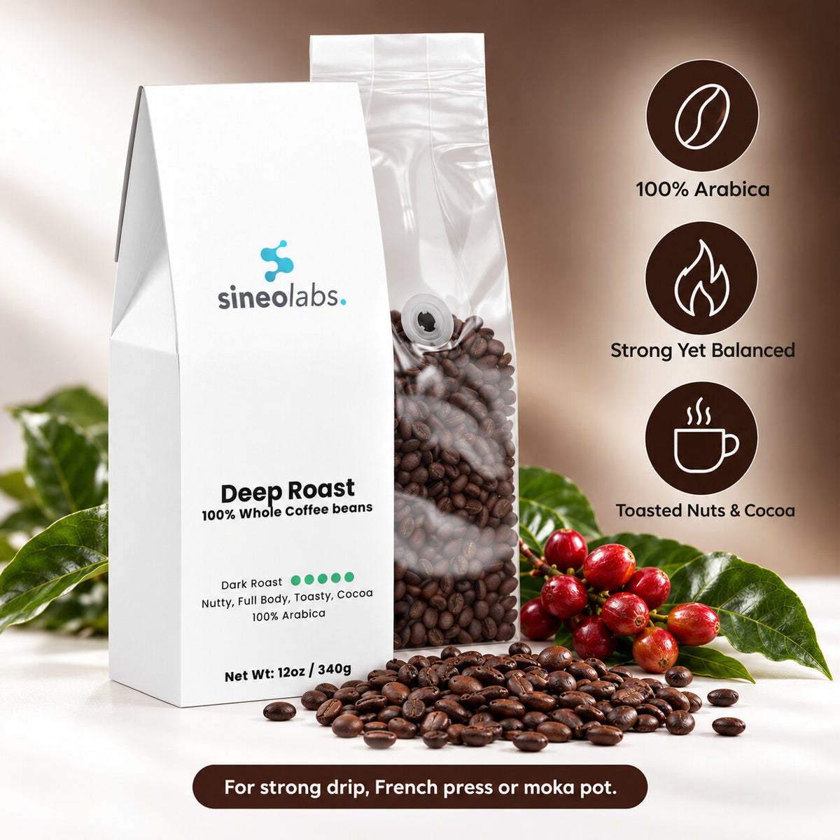 Deep Roast Coffee, Dark Roast, Whole Bean 12oz: 100% Arabica, Strong Yet Balanced, Toasted Nuts & Cocoa