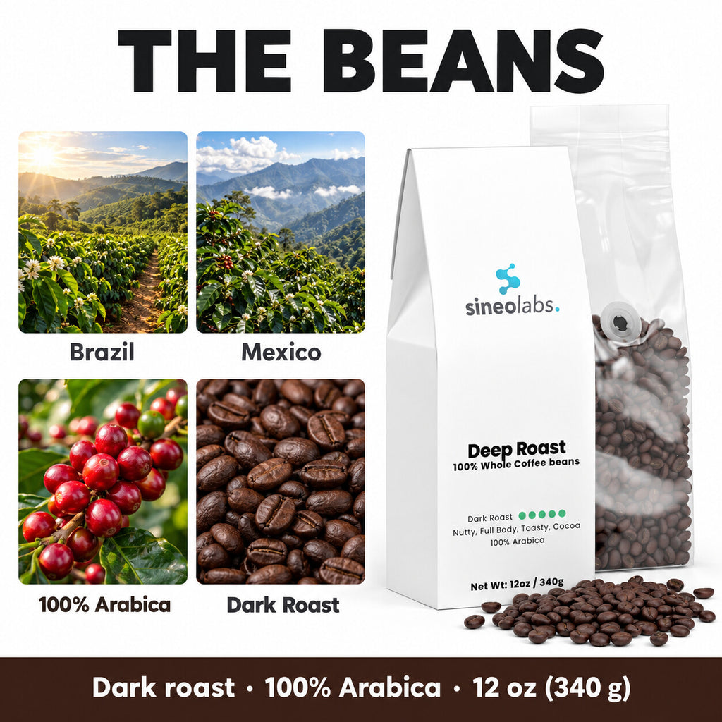 Deep Roast Coffee, Dark Roast, Whole Bean 12oz: Brazil, Mexico, 100% Arabica, Dark Roast