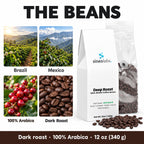 Deep Roast Coffee, Dark Roast, Whole Bean 12oz: Brazil, Mexico, 100% Arabica, Dark Roast