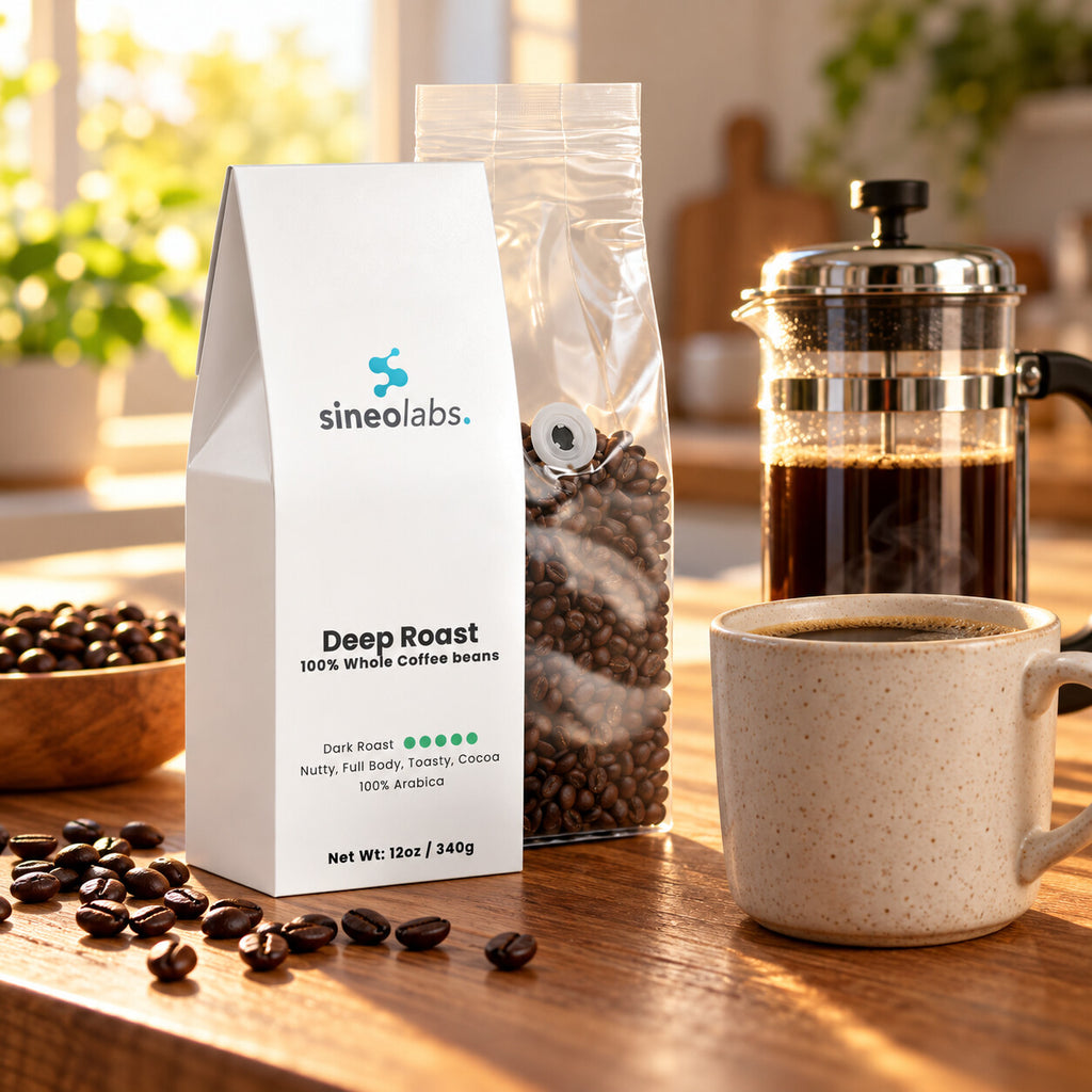Deep Roast Coffee, Dark Roast, Whole Bean 12oz on a wooden kitchen table beside a French press of dark coffee and a big ceramic mug