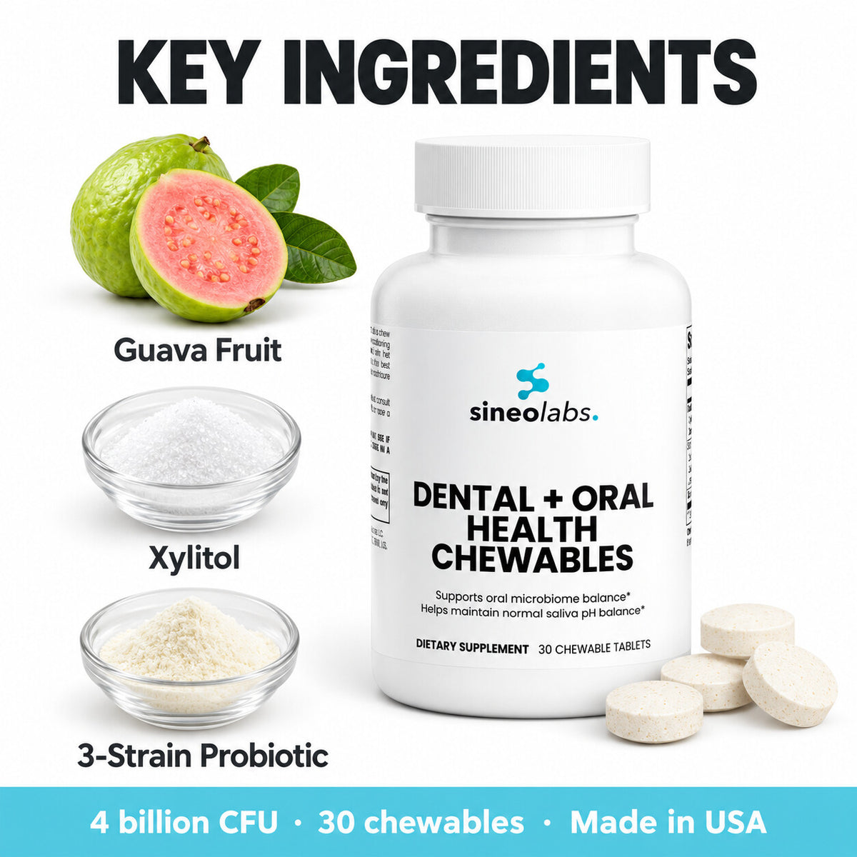 Dental + Oral Health Probiotic Chewables: Guava Fruit, Xylitol, 3-Strain Probiotic