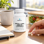 Dental + Oral Health Probiotic Chewables on an office desk in bright afternoon light beside a coffee mug