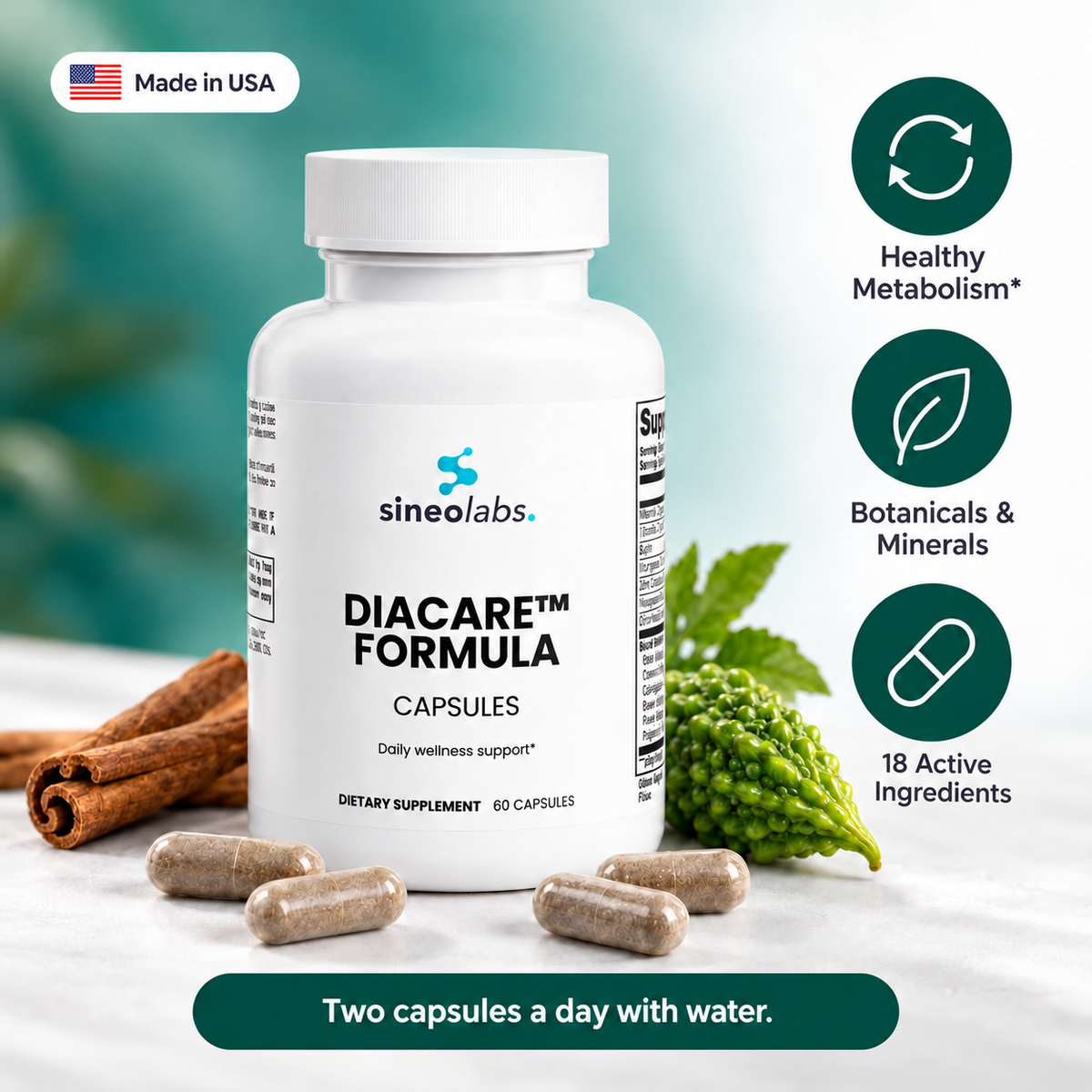 DiaCare™ Formula: Healthy Metabolism, Botanicals & Minerals, 18 Active Ingredients