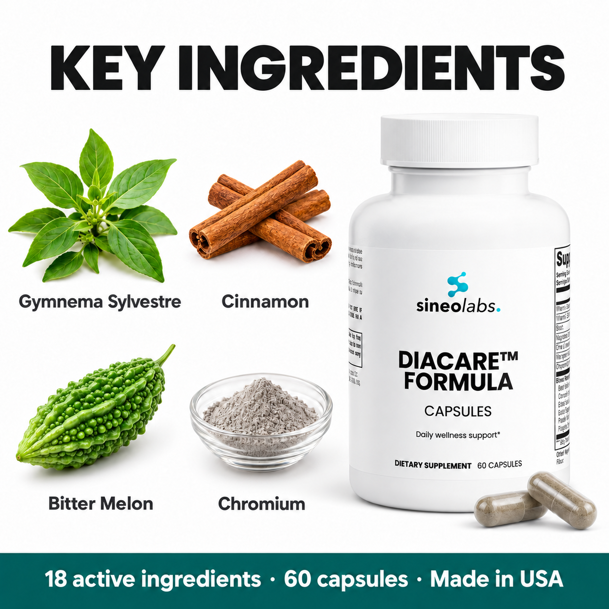 Key ingredients of DiaCare™ Formula: Gymnema Sylvestre, Cinnamon, Bitter Melon, Chromium