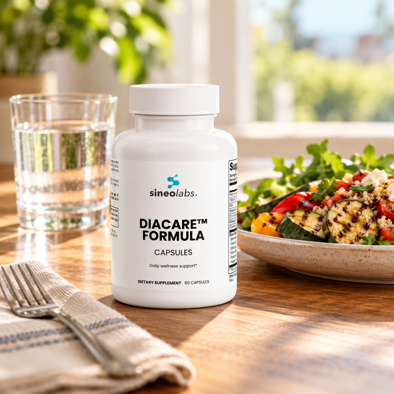 DiaCare™ Formula on a dining table beside a plate of grilled vegetables