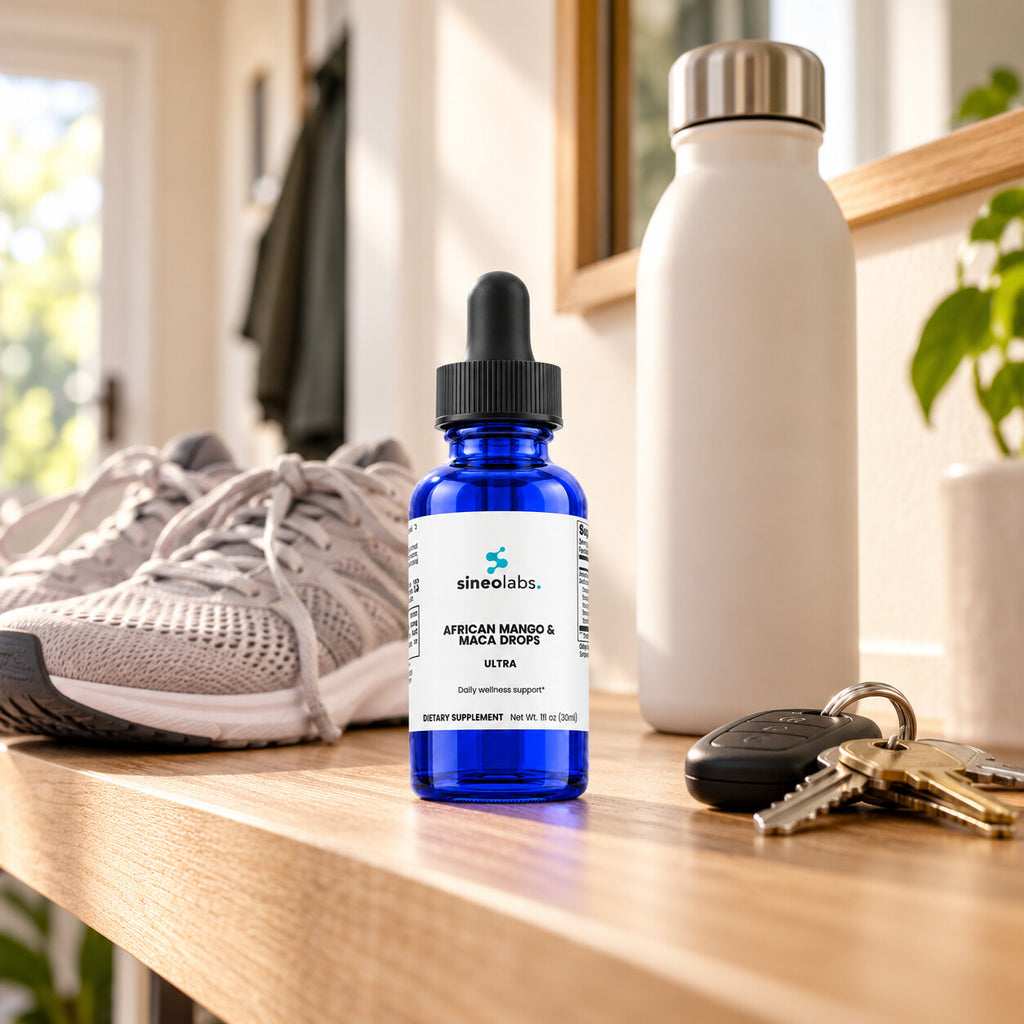African Mango & Maca Drops with Rhodiola on a hallway shelf in soft morning light