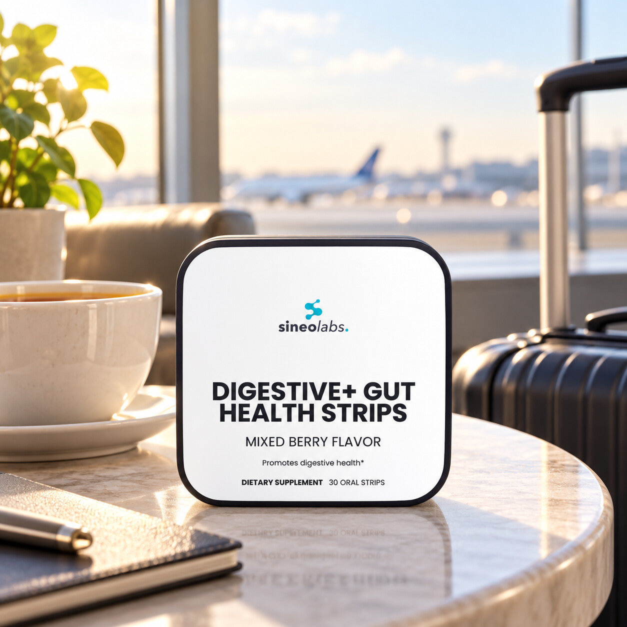Digestive + Gut Health Strips, 10 Billion CFU on a small cafe table by a big airport window in soft morning light