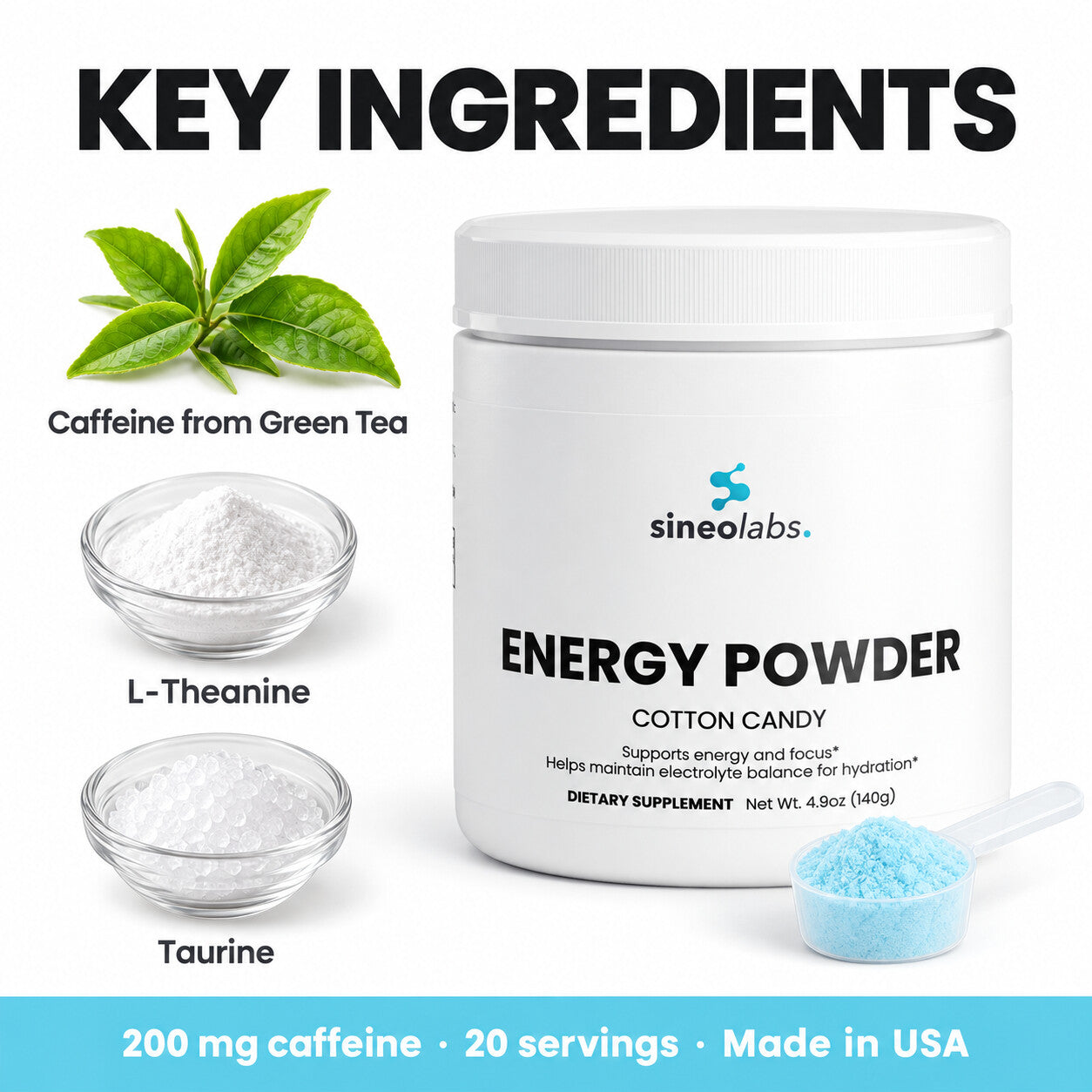 Energy Powder, 200mg Caffeine, Cotton Candy: Caffeine from Green Tea, L-Theanine, Taurine
