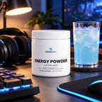 Energy Powder, 200mg Caffeine, Cotton Candy on a gaming desk at night beside a glowing keyboard