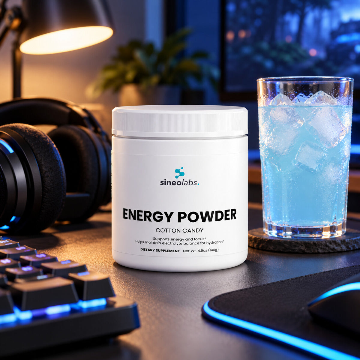 Energy Powder, 200mg Caffeine, Cotton Candy on a gaming desk at night beside a glowing keyboard