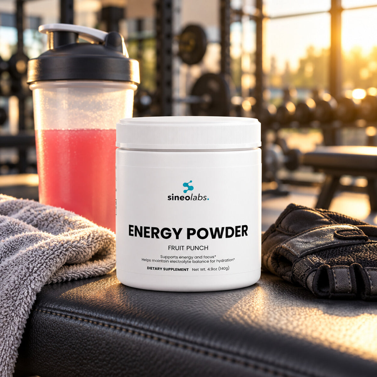 Energy Powder, 200mg Caffeine, Fruit Punch on a gym bench in bright evening light