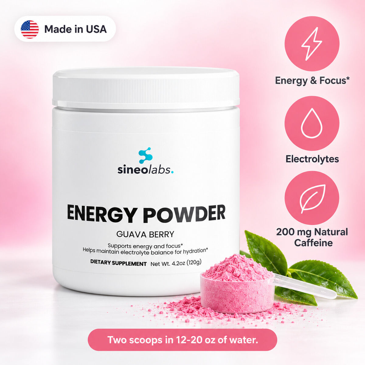 Energy Powder, 200mg Caffeine, Guava Berry: Energy & Focus, Electrolytes, 200 mg Natural Caffeine