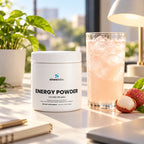 Energy Powder, 200mg Caffeine, Lychee Splash on a bright office desk in mid-afternoon sun