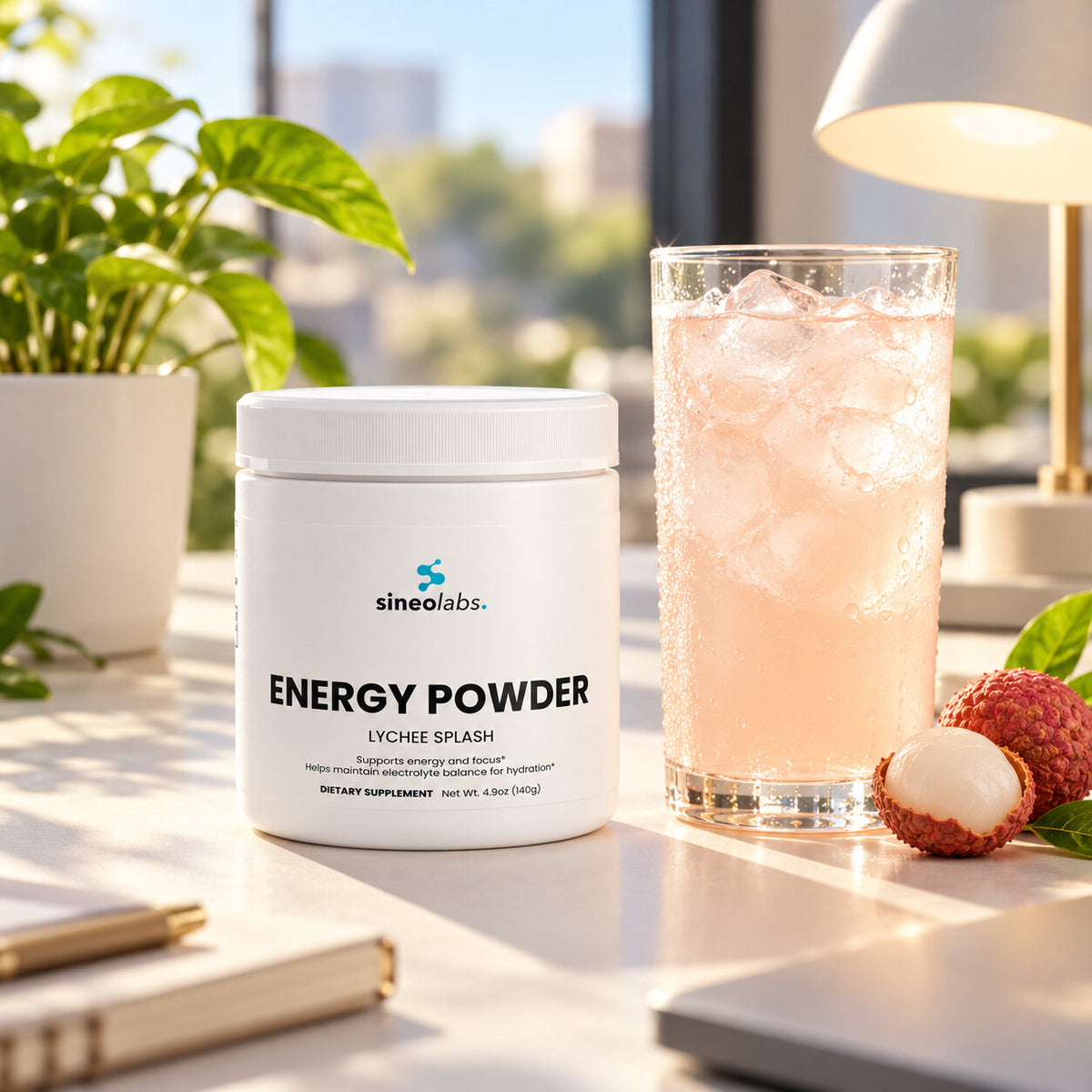 Energy Powder, 200mg Caffeine, Lychee Splash on a bright office desk in mid-afternoon sun