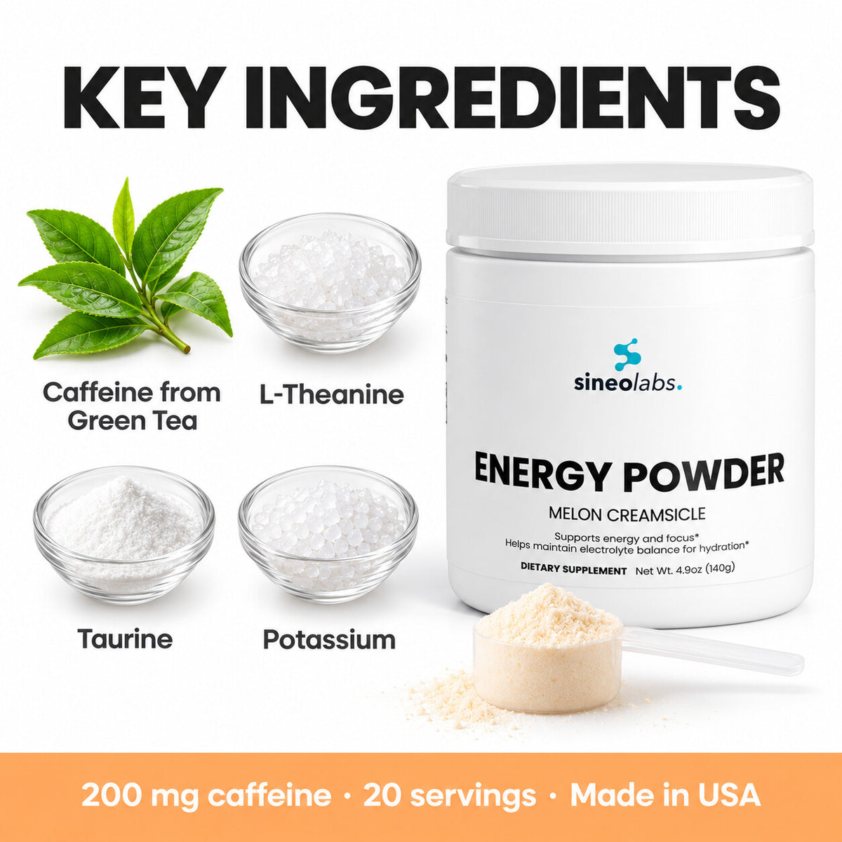 Energy Powder, 200mg Caffeine, Melon Creamsicle: Caffeine from Green Tea, L-Theanine, Taurine, Potassium