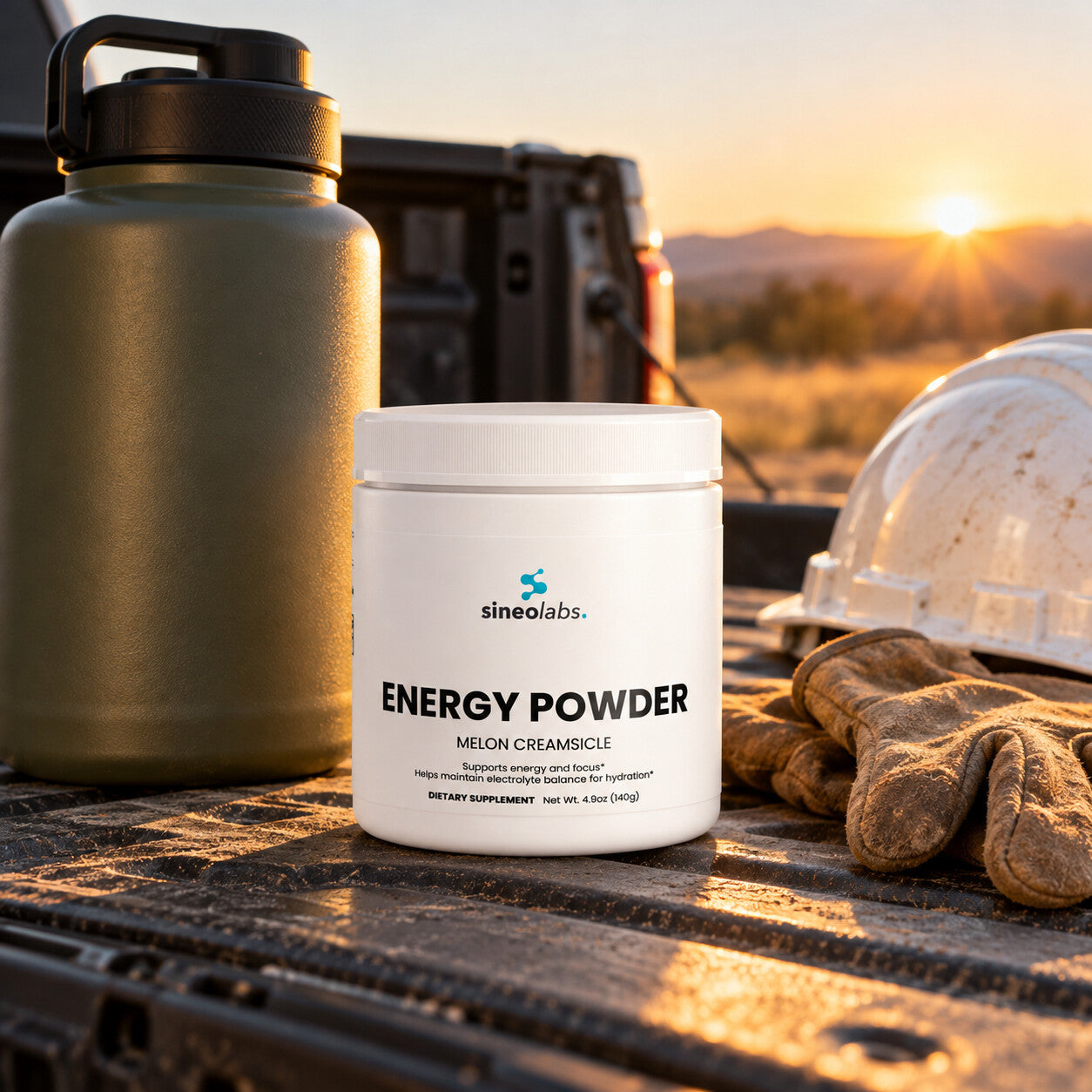 Energy Powder, 200mg Caffeine, Melon Creamsicle on the tailgate of a pickup truck at sunrise